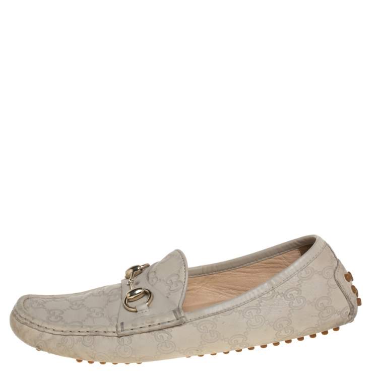 Pre Owned Gucci Cream Guccissima Leather Horsebit Slip On Loafers Size 38