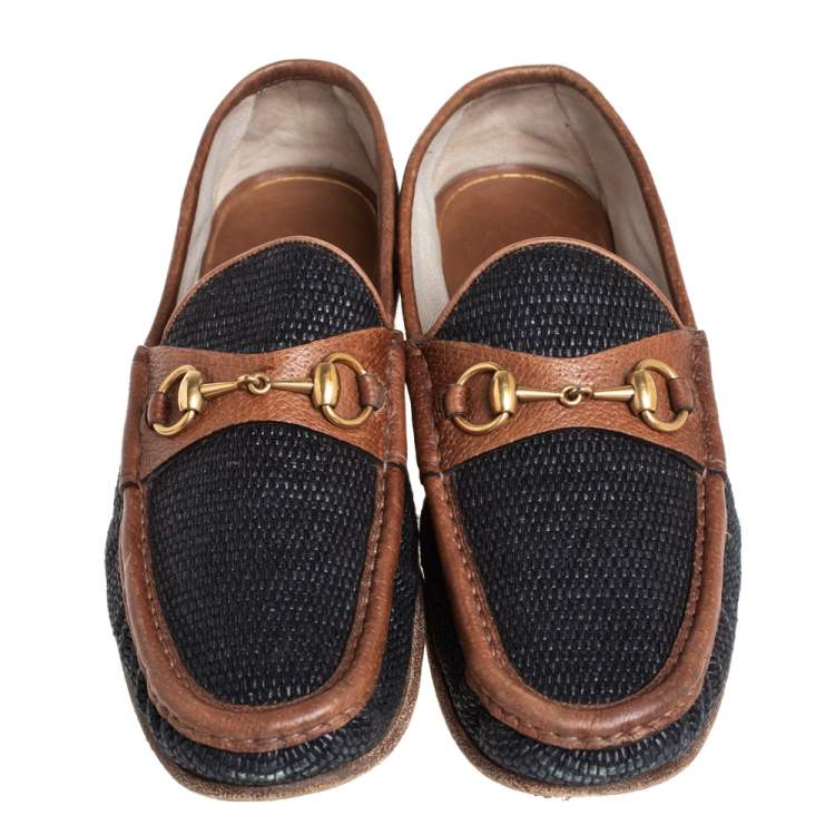 Pre Owned Gucci Blue/Brown Canvas And Leather 1955 Horsebit Slip On Loafers Size 43