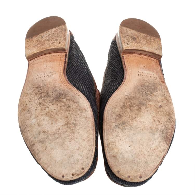 Pre Owned Gucci Blue/Brown Canvas And Leather 1955 Horsebit Slip On Loafers Size 43