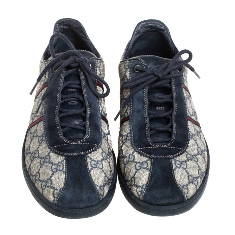Pre Owned Gucci Blue/Beige Guccissima Coated Canvas And Suede Low Top  Sneakers Size 43.5
