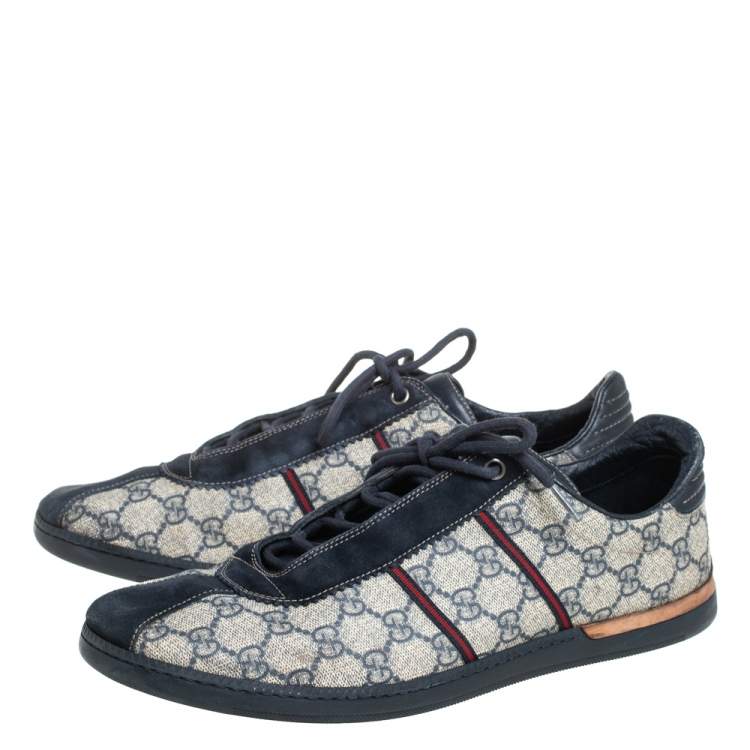Pre Owned Gucci Blue/Beige Guccissima Coated Canvas And Suede Low Top  Sneakers Size 43.5