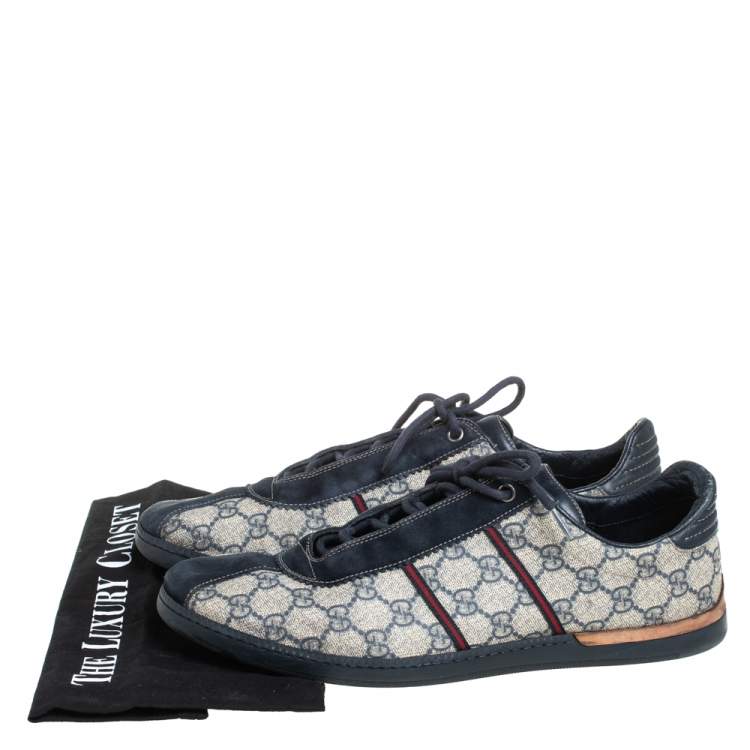 Pre Owned Gucci Blue/Beige Guccissima Coated Canvas And Suede Low Top  Sneakers Size 43.5