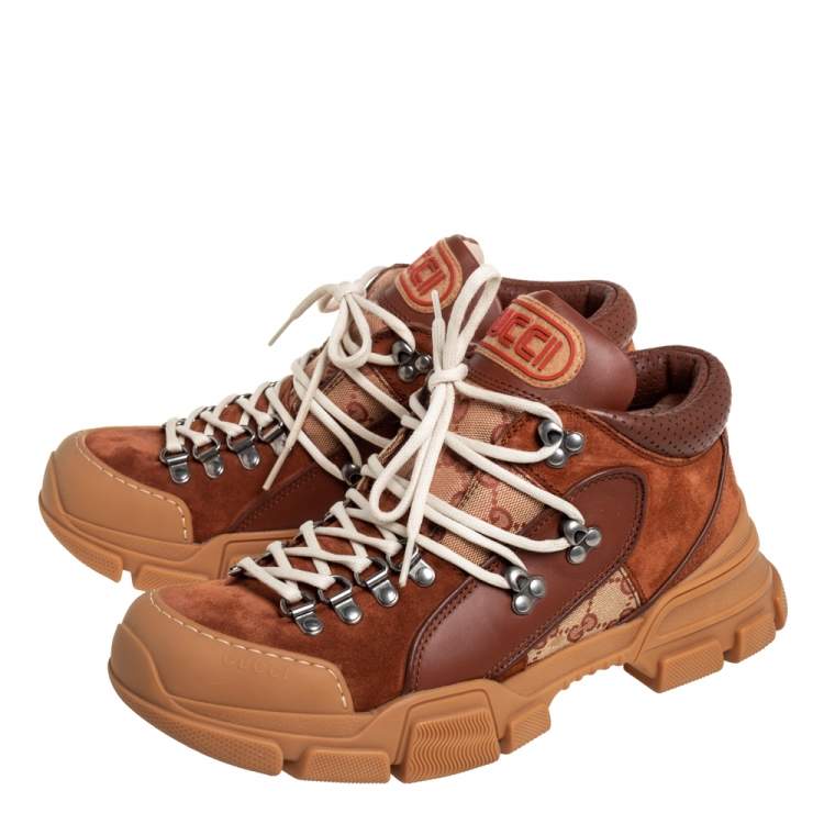 Pre Owned Gucci Brown Suede And Leather Flashtrek Low Top Sneakers Size 42