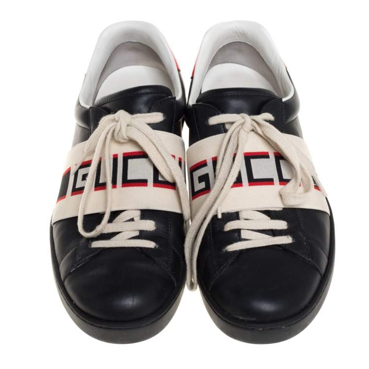 Pre Owned Gucci Black Leather Ace Stripe Low Top Sneakers Size 42