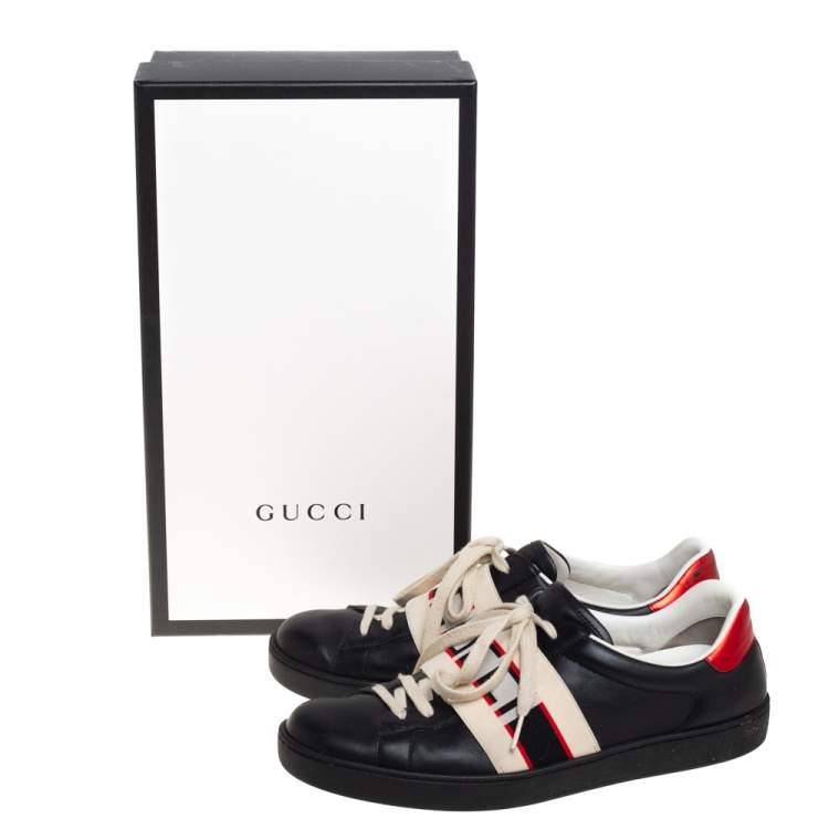 Pre Owned Gucci Black Leather Ace Stripe Low Top Sneakers Size 42