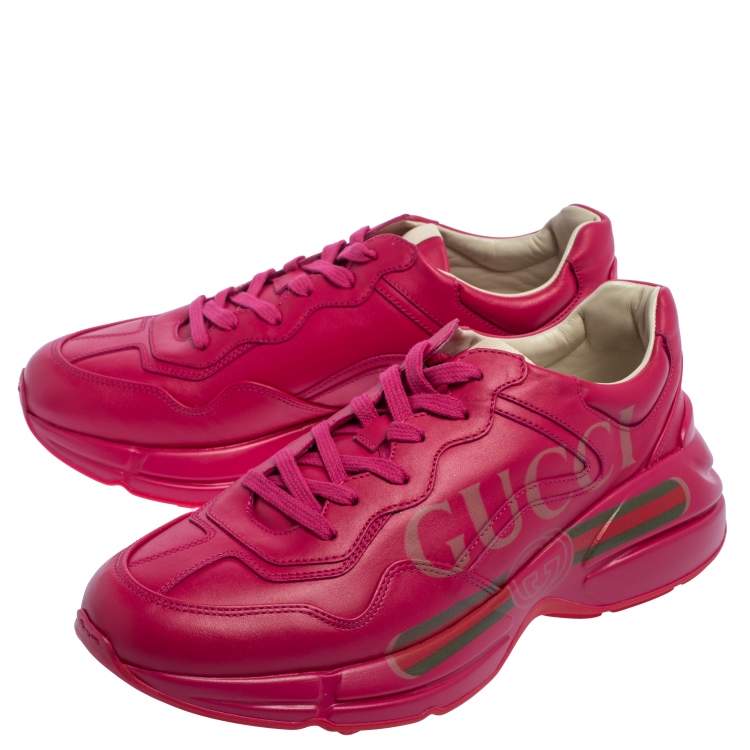 Pre Owned Gucci Pink Leather Rhyton Logo Print Low Top Sneakers Size 42