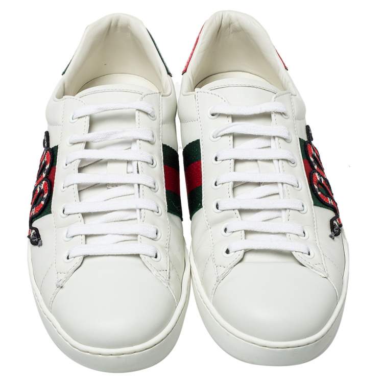 Pre Owned Gucci White Leather Ace Snake Embroidered Low Top Sneakers Size 43