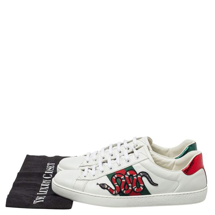 Pre Owned Gucci White Leather Ace Snake Embroidered Low Top Sneakers Size 43