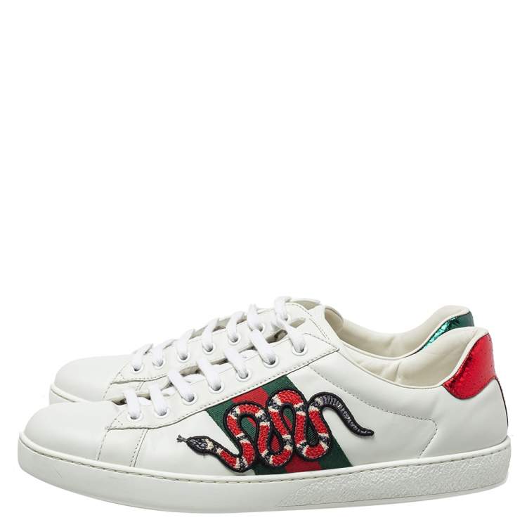 Pre Owned Gucci White Leather Ace Snake Embroidered Low Top Sneakers Size 43
