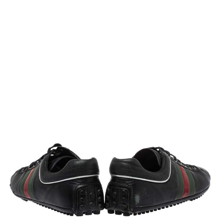 Pre Owned Gucci Black Leather Perforated Detail Web Low Top Sneakers Size 42