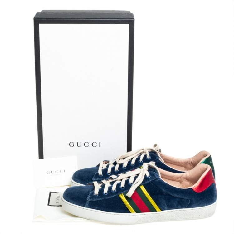 Pre Owned Gucci Blue Velvet And Leather Web Ace Sneakers Size 45