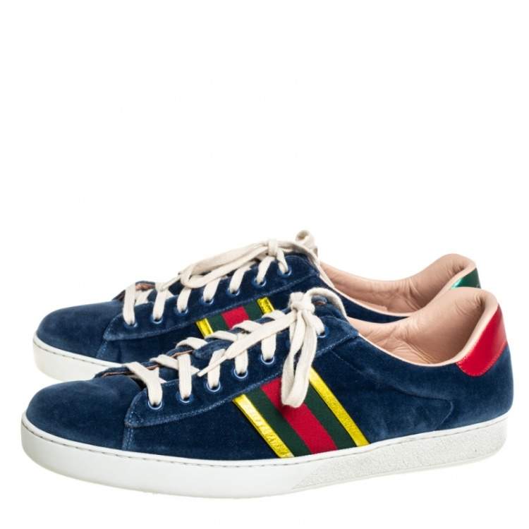 Pre Owned Gucci Blue Velvet And Leather Web Ace Sneakers Size 45