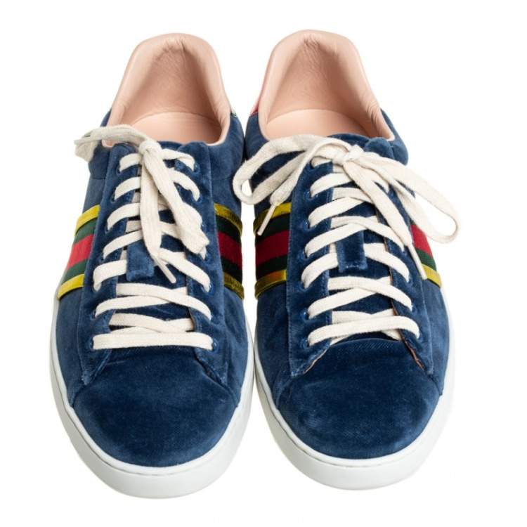 Pre Owned Gucci Blue Velvet And Leather Web Ace Sneakers Size 45