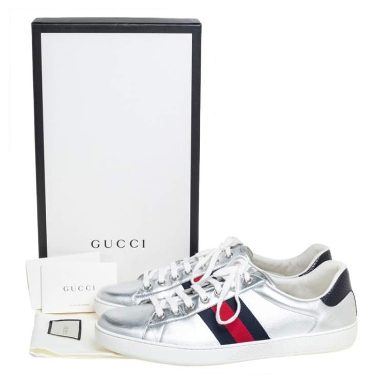 Pre Owned Gucci Silver Leather Ace Web Detail Low Top Sneakers Size 45