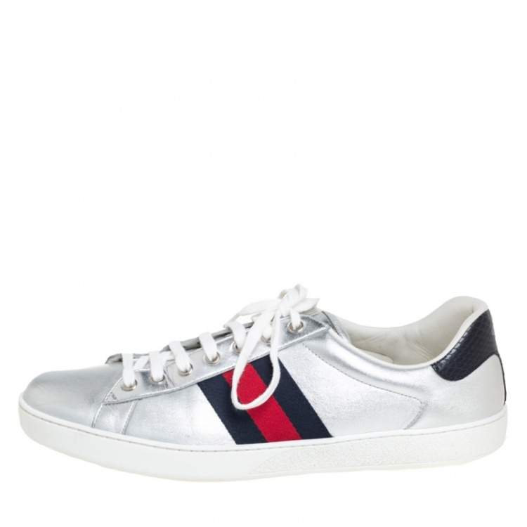 Pre Owned Gucci Silver Leather Ace Web Detail Low Top Sneakers Size 45