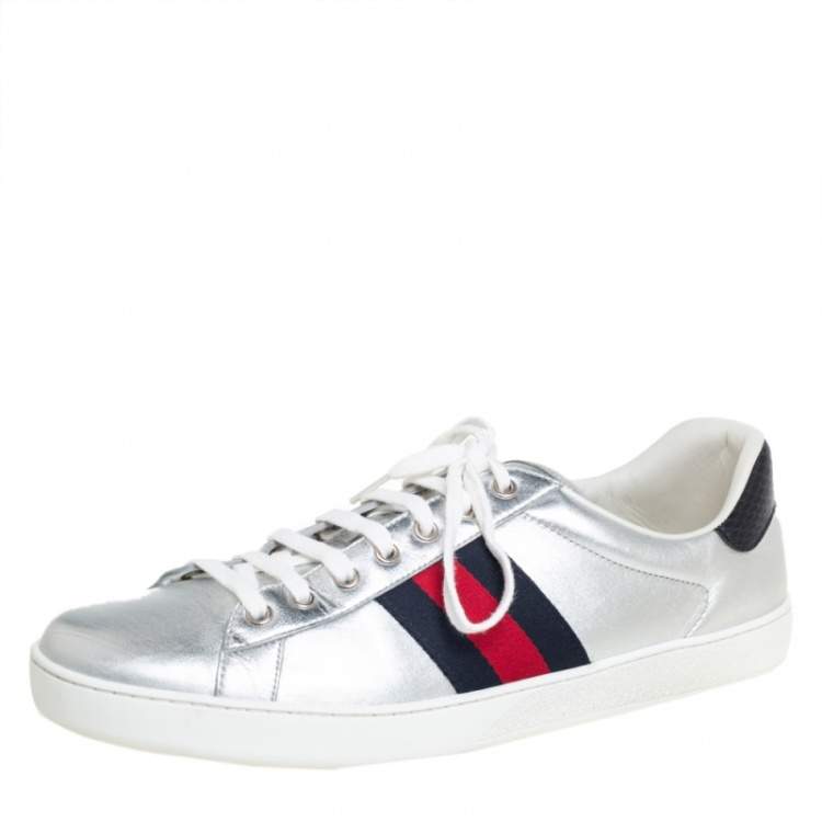Pre Owned Gucci Silver Leather Ace Web Detail Low Top Sneakers Size 45