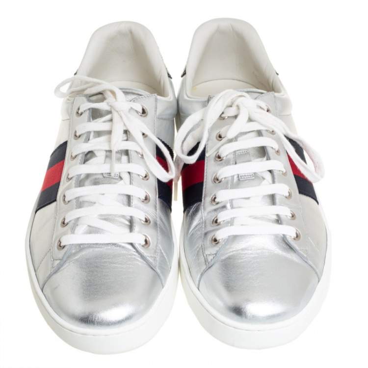 Pre Owned Gucci Silver Leather Ace Web Detail Low Top Sneakers Size 45