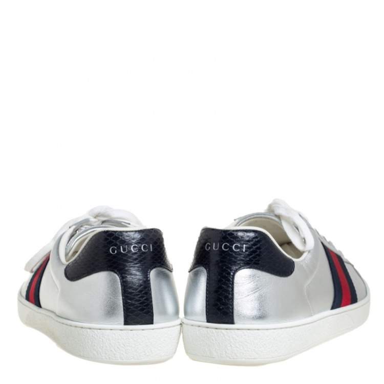 Pre Owned Gucci Silver Leather Ace Web Detail Low Top Sneakers Size 45