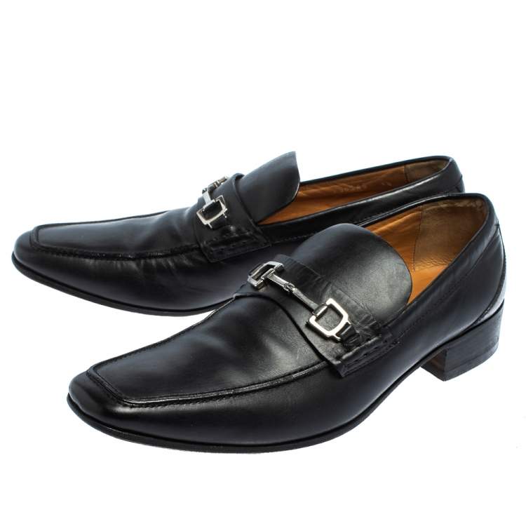 Pre Owned Gucci Black Leather Horsebit Slip On Loafers Size 43.5