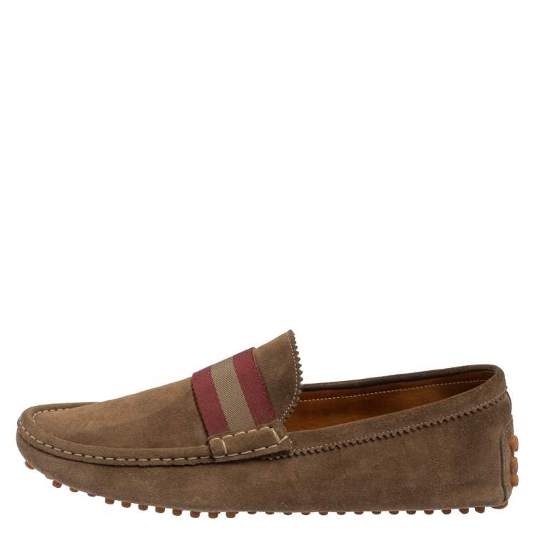 Pre Owned Gucci Beige Suede Web Detail Slip On Loafers  Size 43.5