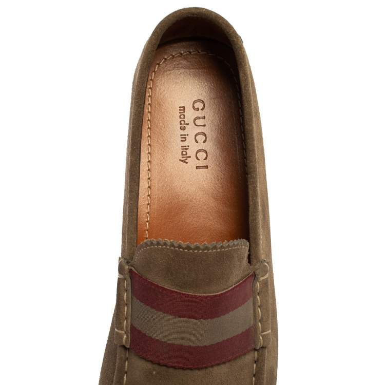 Pre Owned Gucci Beige Suede Web Detail Slip On Loafers  Size 43.5