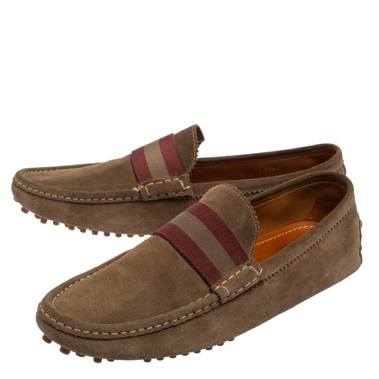 Pre Owned Gucci Beige Suede Web Detail Slip On Loafers  Size 43.5