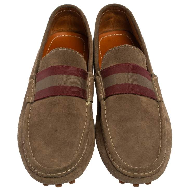 Pre Owned Gucci Beige Suede Web Detail Slip On Loafers  Size 43.5