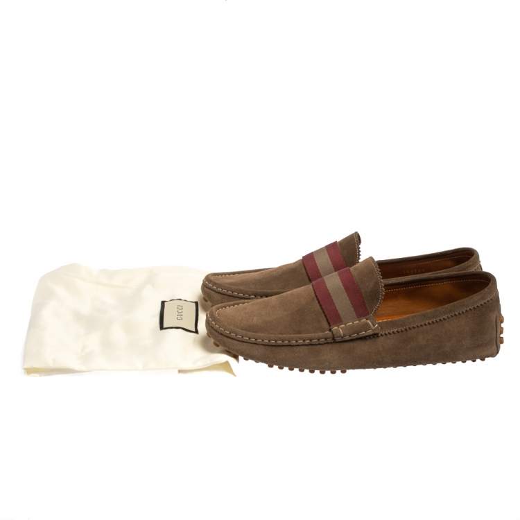 Pre Owned Gucci Beige Suede Web Detail Slip On Loafers  Size 43.5