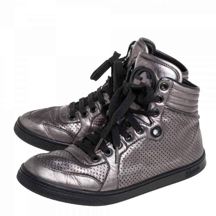 Pre Owned Gucci Metallic Grey Leather High-Top Sneakers Size 37
