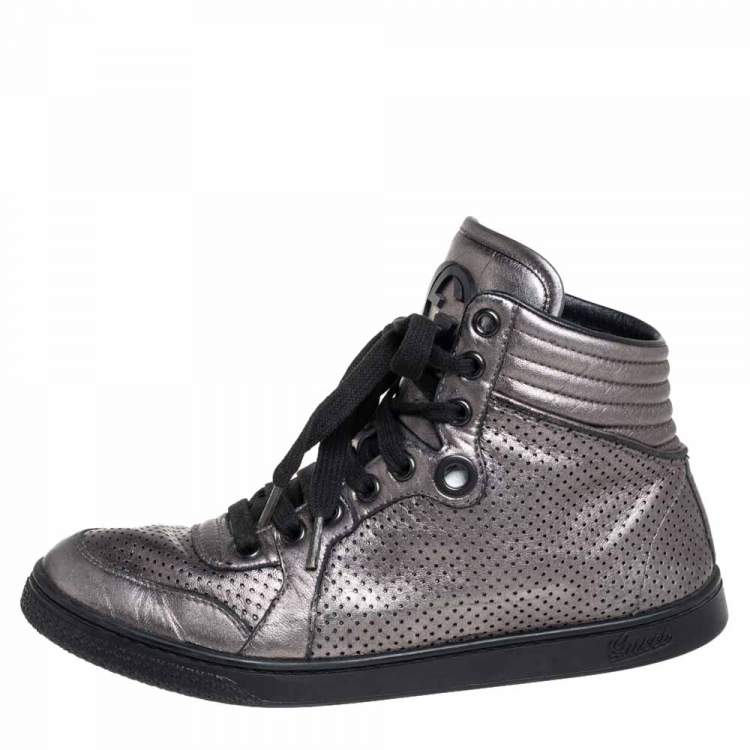 Pre Owned Gucci Metallic Grey Leather High-Top Sneakers Size 37