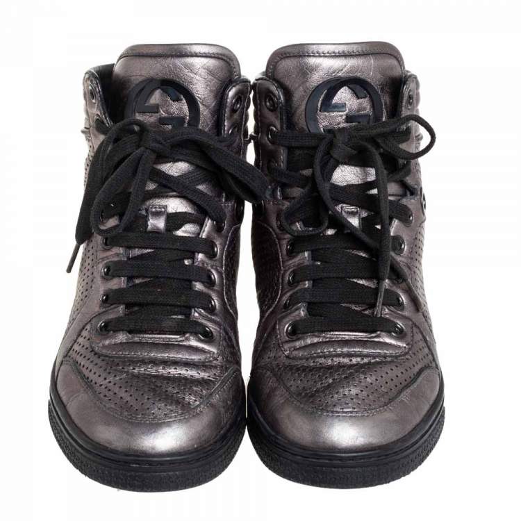 Pre Owned Gucci Metallic Grey Leather High-Top Sneakers Size 37