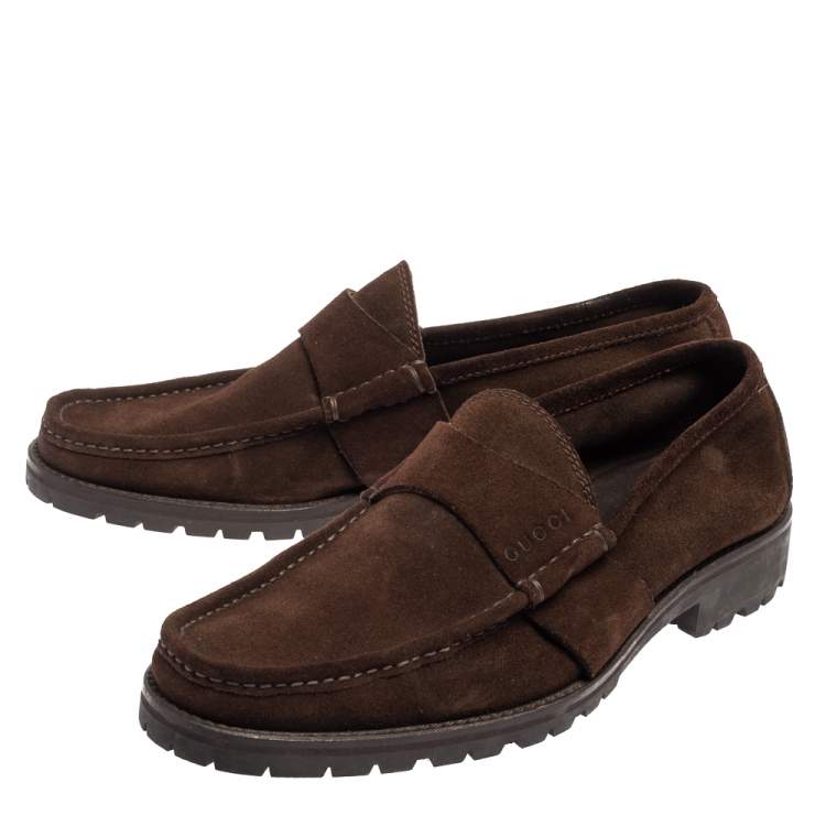 Pre Owned Gucci Brown Suede Slip On Loafers Size 44.5