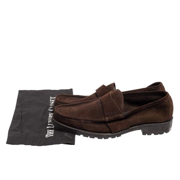 Pre Owned Gucci Brown Suede Slip On Loafers Size 44.5