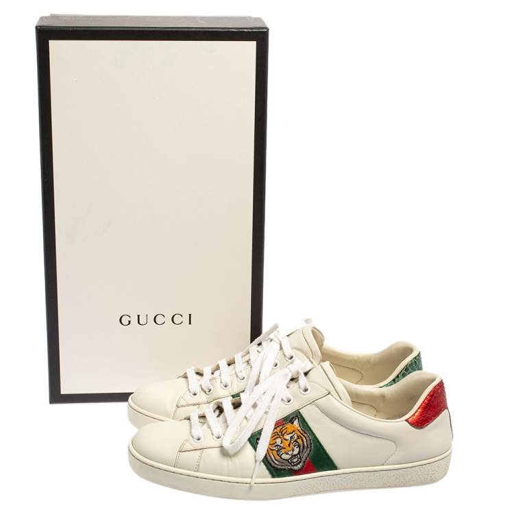 Pre Owned Gucci White Leather Ace Embroidered Tiger Low Top Sneakers Size 41.5