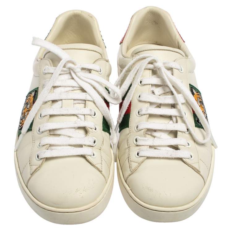 Pre Owned Gucci White Leather Ace Embroidered Tiger Low Top Sneakers Size 41.5
