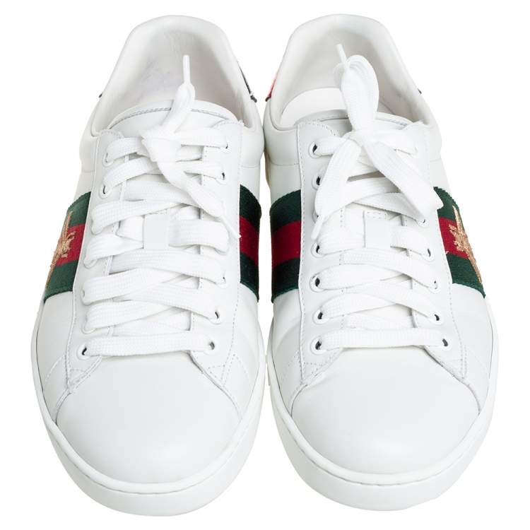 Pre Owned Gucci White Leather Ace Bee Motif Lace Up Low Top Sneakers Size 47