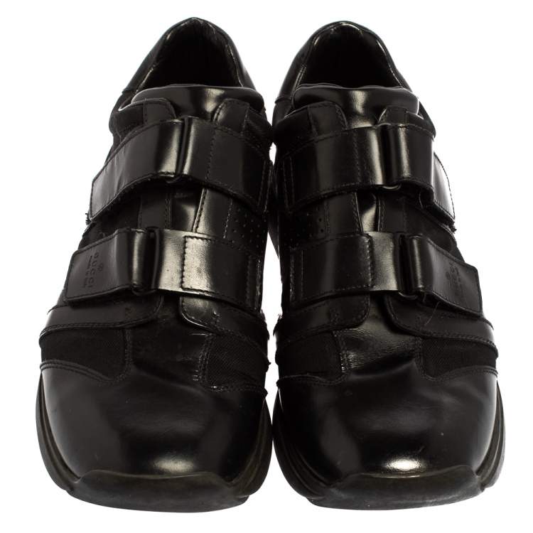 Pre Owned Gucci Black Leather And Mesh Double Velcro Sneakers Size 45