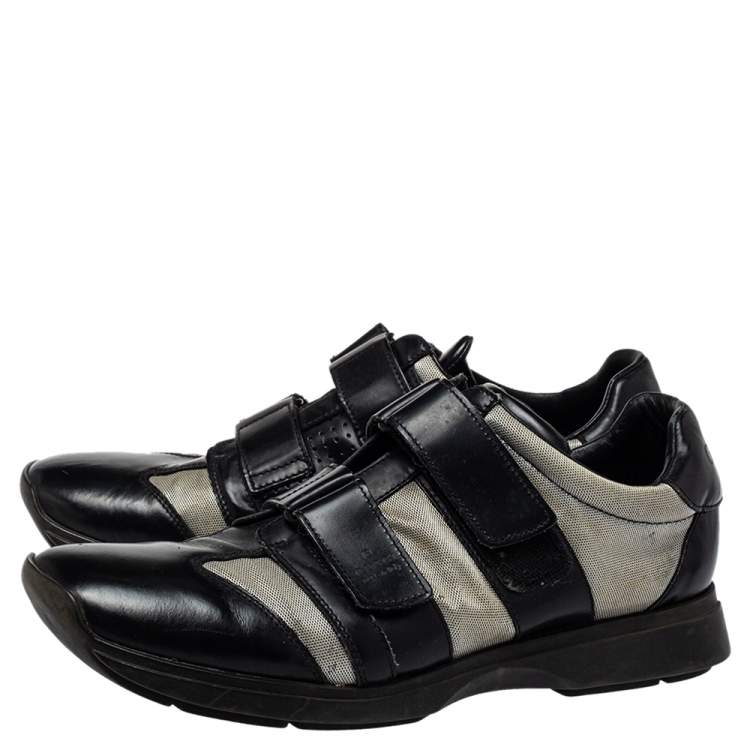 Pre Owned Gucci Black/Grey Leather And Mesh Double Velcro Sneakers Size 45