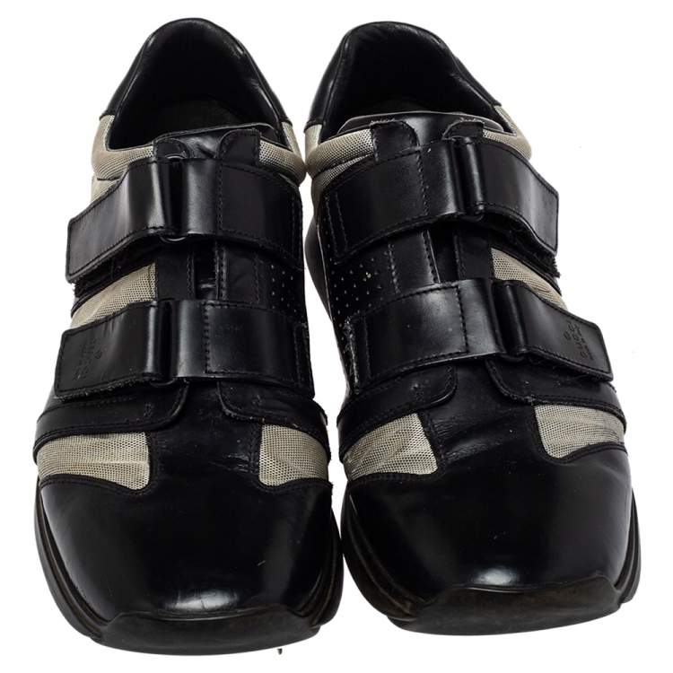 Pre Owned Gucci Black/Grey Leather And Mesh Double Velcro Sneakers Size 45