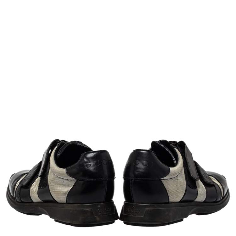 Pre Owned Gucci Black/Grey Leather And Mesh Double Velcro Sneakers Size 45
