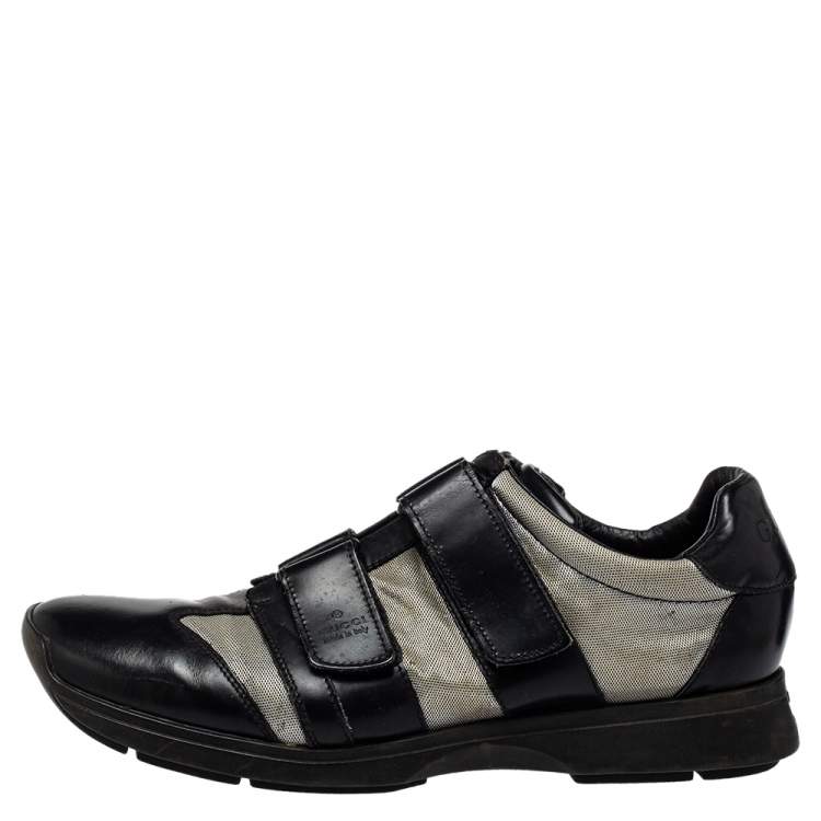 Pre Owned Gucci Black/Grey Leather And Mesh Double Velcro Sneakers Size 45