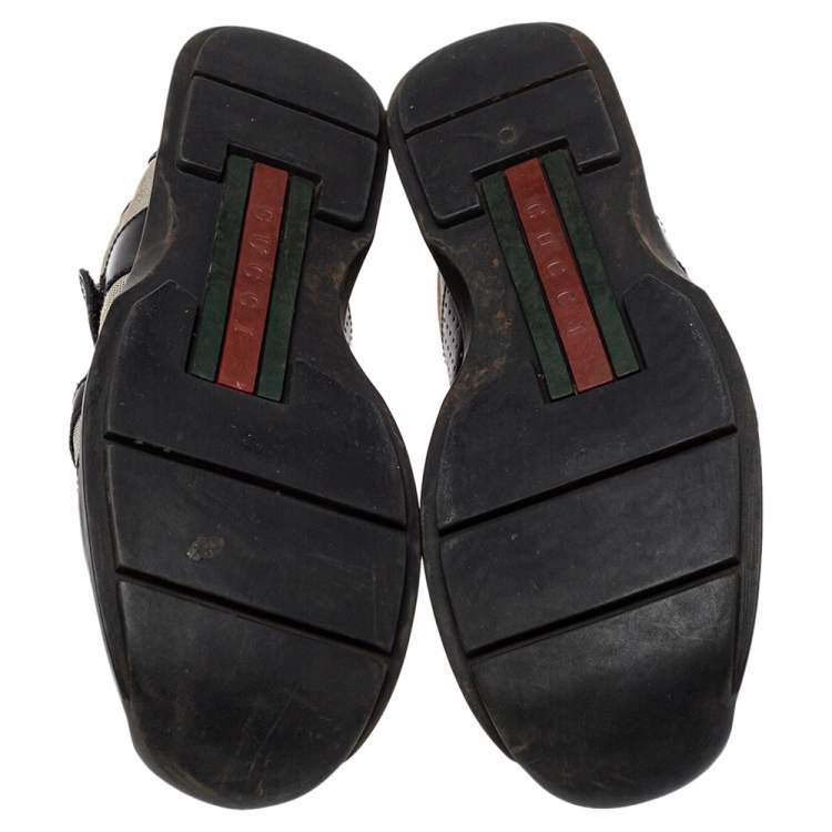 Pre Owned Gucci Black/Grey Leather And Mesh Double Velcro Sneakers Size 45