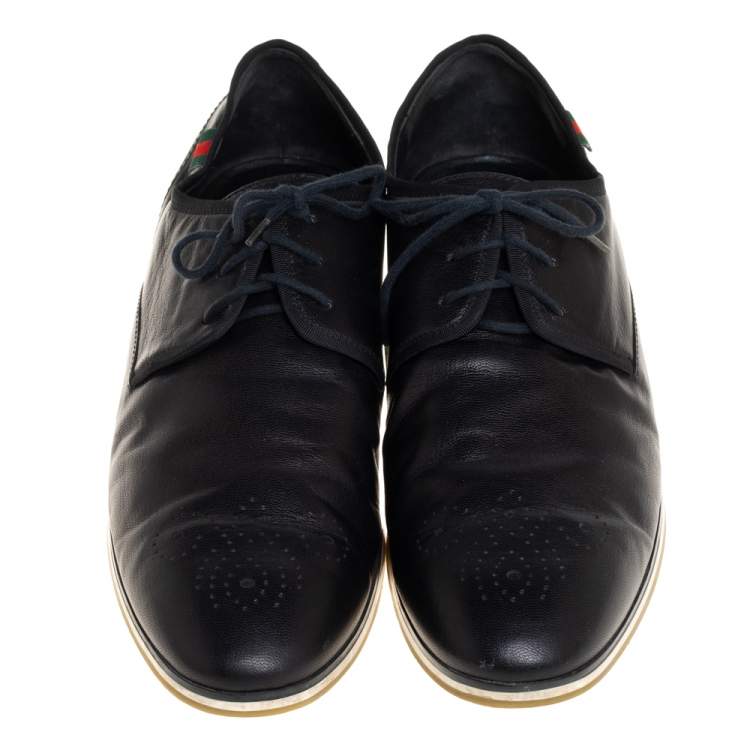 Pre Owned Gucci Black Leather Web Trim Low Top Derby Sneakers Size 45.5