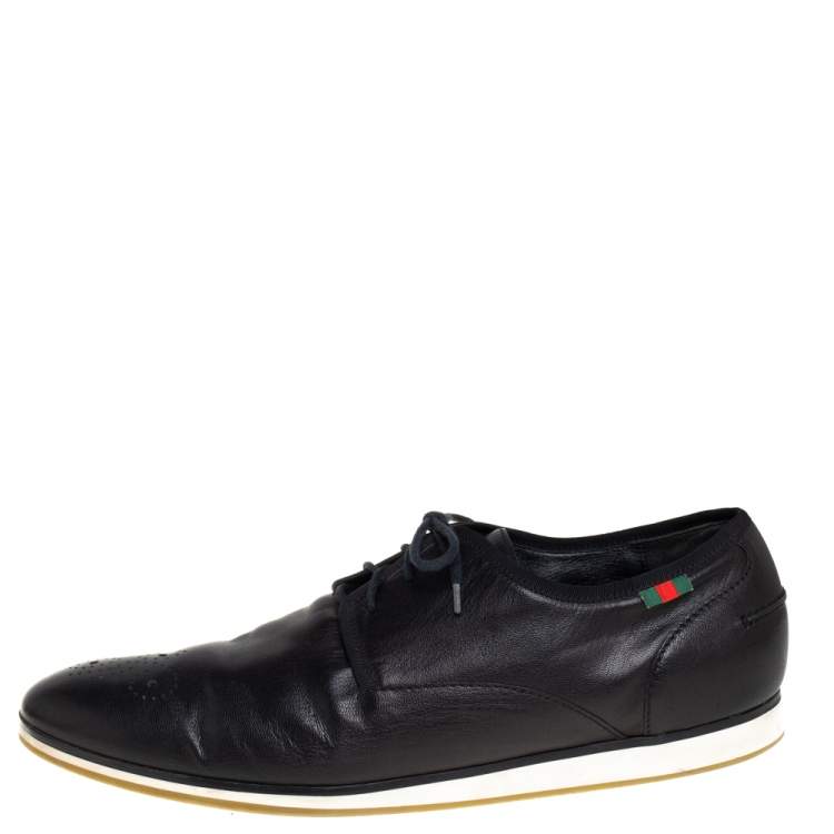 Pre Owned Gucci Black Leather Web Trim Low Top Derby Sneakers Size 45.5