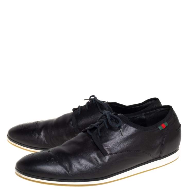 Pre Owned Gucci Black Leather Web Trim Low Top Derby Sneakers Size 45.5