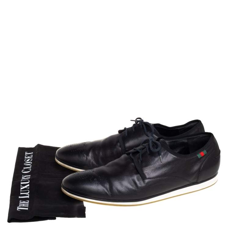 Pre Owned Gucci Black Leather Web Trim Low Top Derby Sneakers Size 45.5