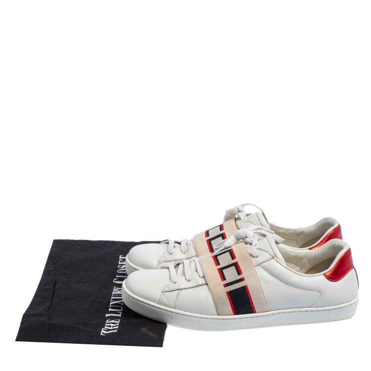 Pre Owned Gucci White/Red Leather Ace Gucci Band Low Top Sneakers Size 42.5