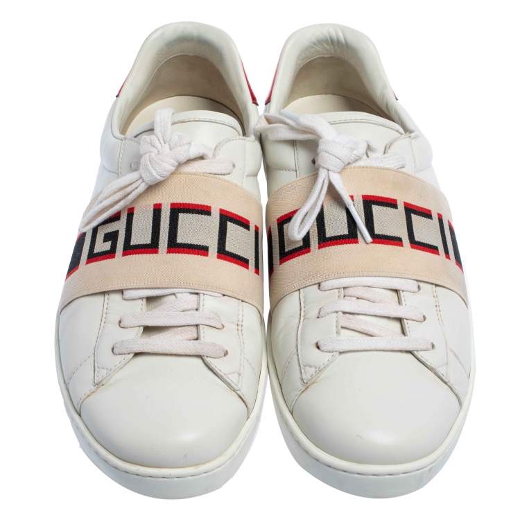 Pre Owned Gucci White/Red Leather Ace Gucci Band Low Top Sneakers Size 42.5