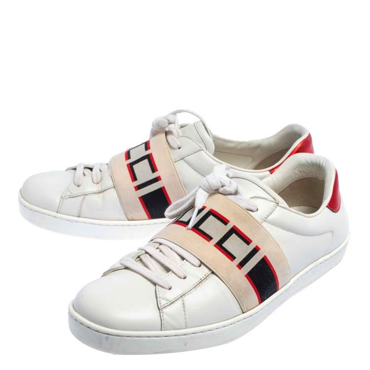 Pre Owned Gucci White/Red Leather Ace Gucci Band Low Top Sneakers Size 42.5