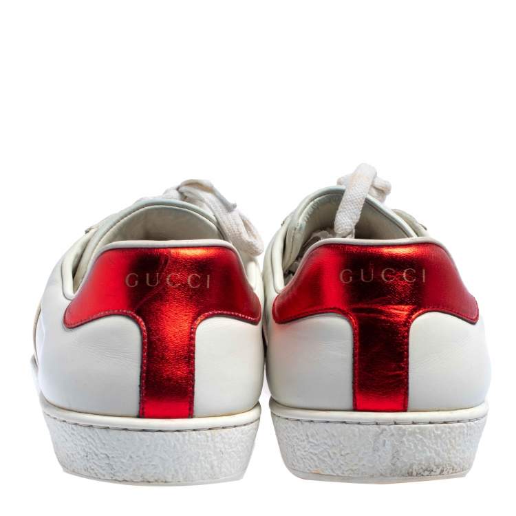 Pre Owned Gucci White/Red Leather Ace Gucci Band Low Top Sneakers Size 42.5